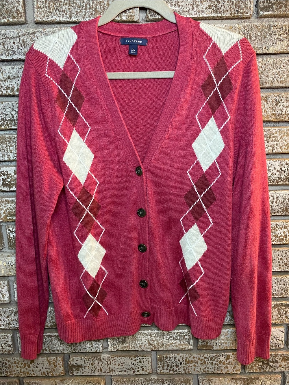 Lands' End Rose Pink Argyle V-Neck Cardigan